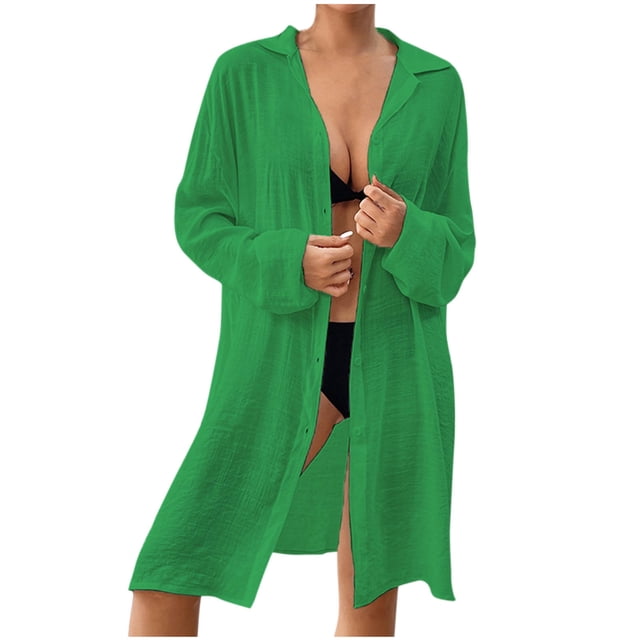 Plebaso Chemise de Plage pour Femmes à Boutons, Manches Longues, Col de Couverture, Maillot de Bain, Robes Amples, Hauts
