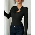 thumbnail image 4 of Female Metal Ring Long Sleeve Asymmetrical Neck T Shirt Slim Fit Ruched Going Out Tops Black S, 4 of 9