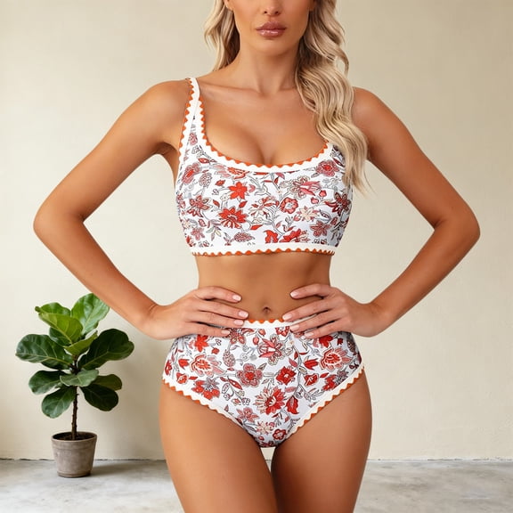 Ynynloco Women's Retro Floral Bikini Sets Whip Stitch High Waisted Scoop 2 Piece Bathing Suits for Women
