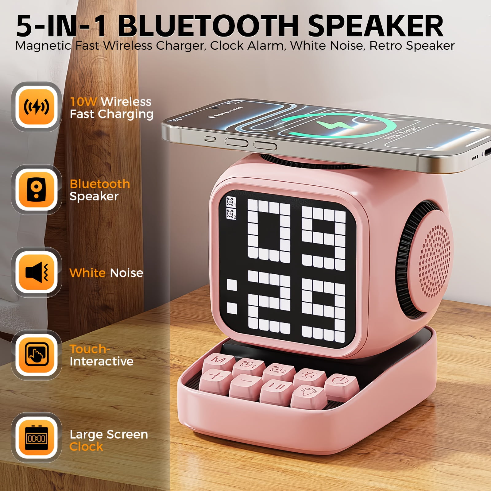 Smart Sleep Speaker with Pixel Art Design, White Noise, AI, LED Display, Touch & Voice Control, 15W Power, 2600mAh Battery