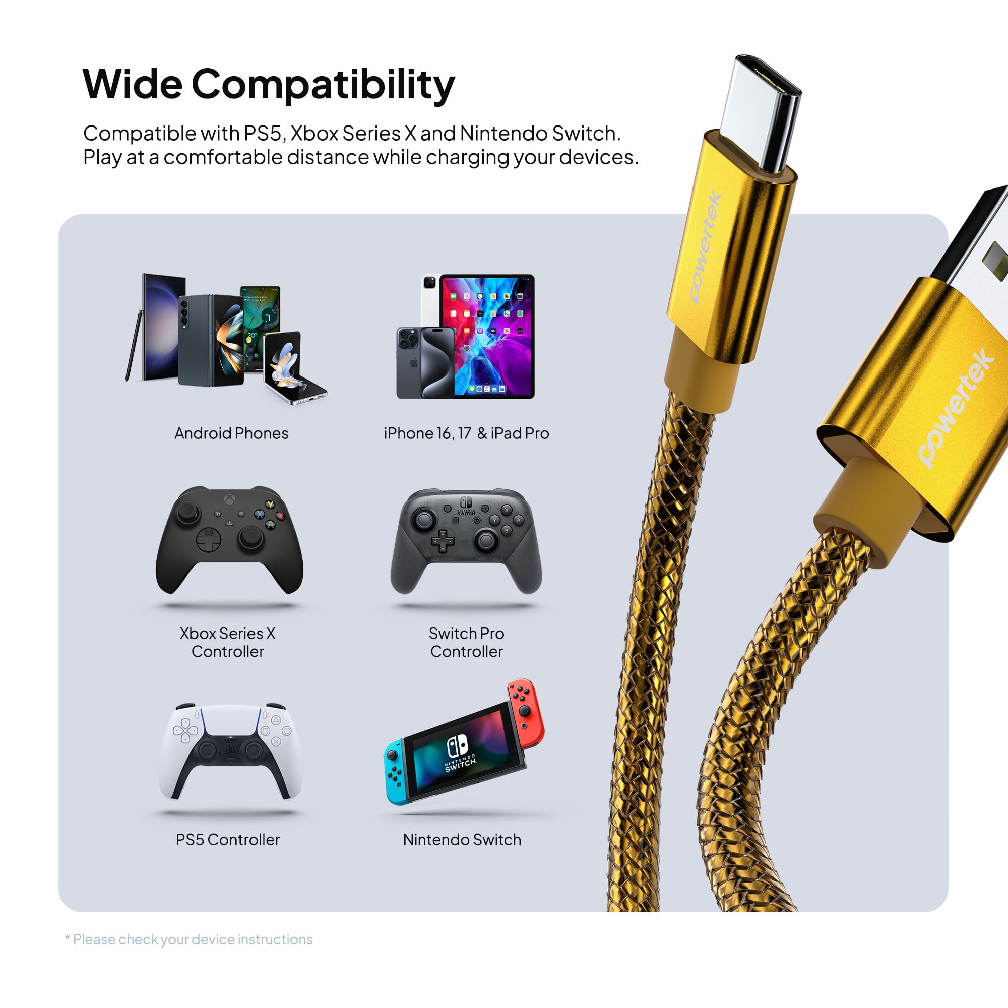 Powertek Luxe 6ft USB-A to USB-C Cable, Gold, Fast Charge & Sync, Metallic Mesh PVC Jacket, Durable Tangle-Free Design