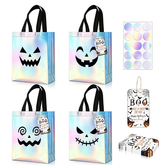 PMHZI 12 Pcs Halloween Treat Tote with Handles, Non-Woven Reusable Goodie Bag for Trick or Treat Party Favors Candy
