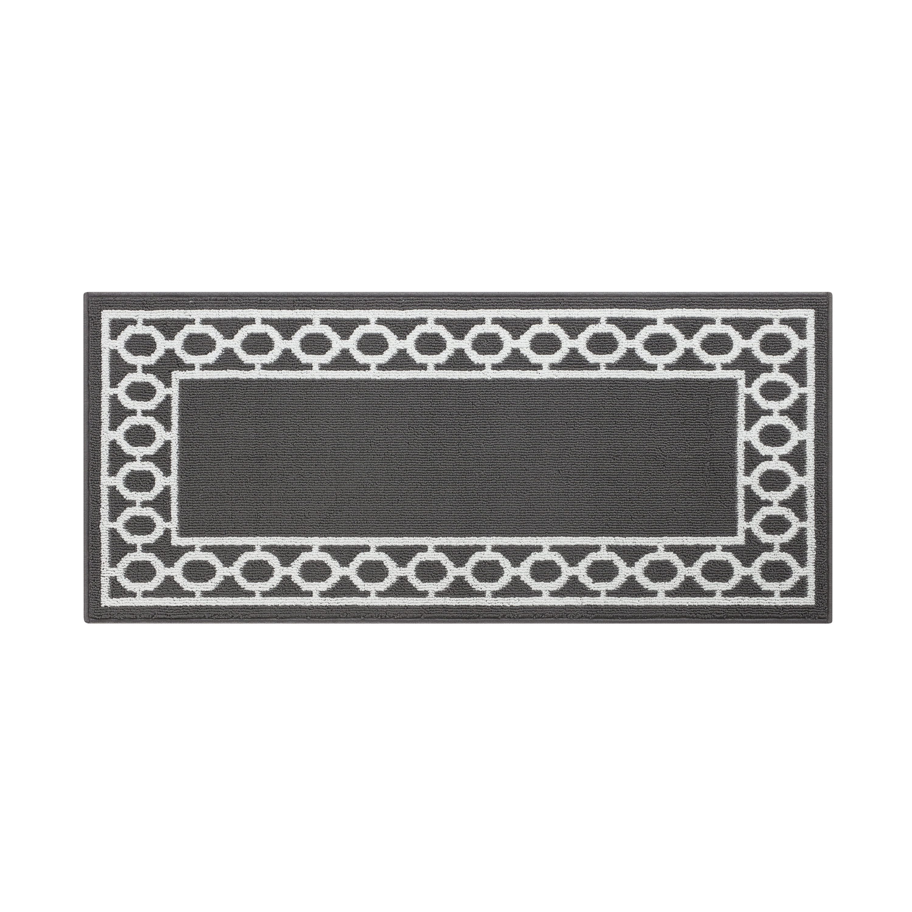 Washable Skid-Resistant Runner Rug, Trellis Border, Dark Grey and White, 26" x 45"