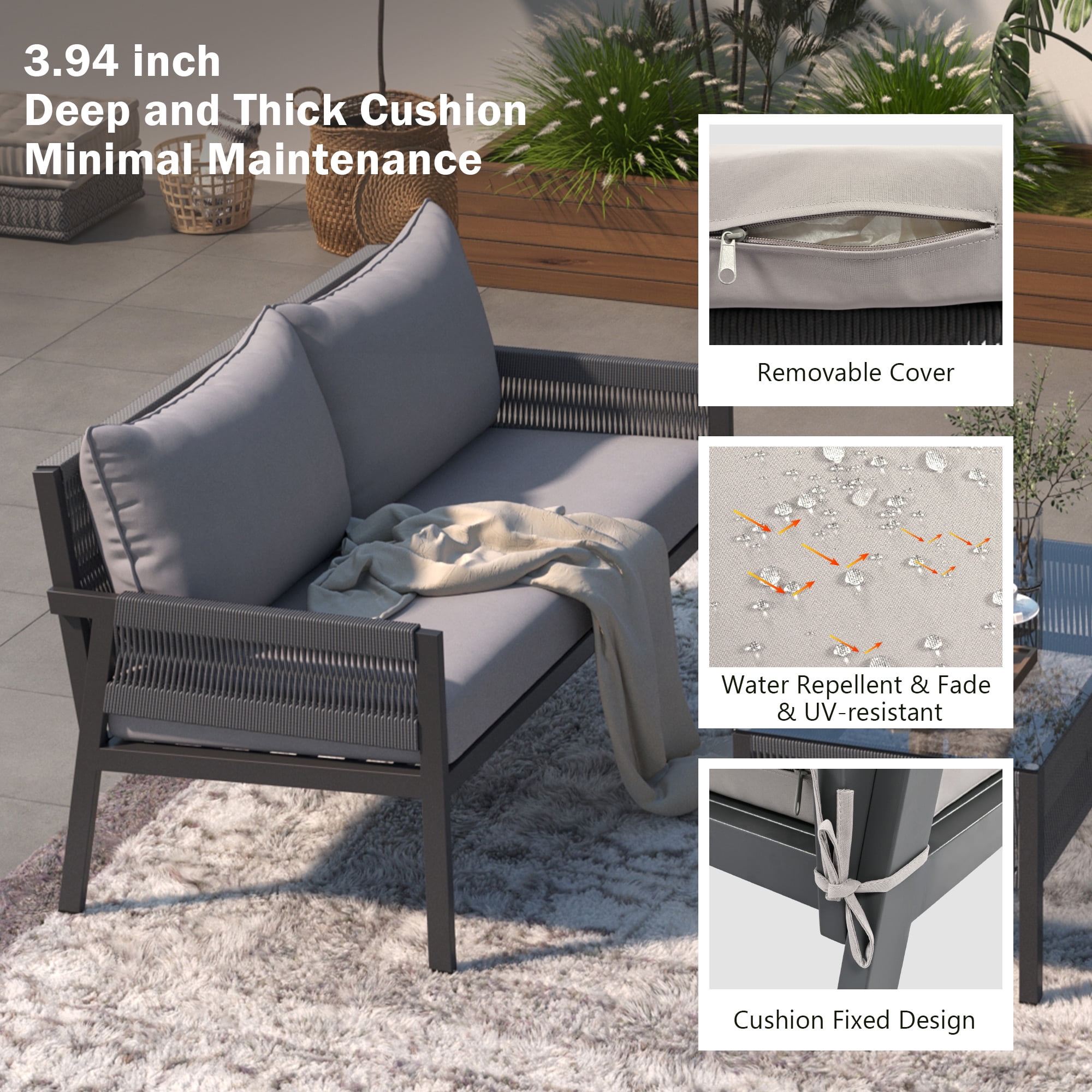 Aimee Lii 4-Pieces Patio Furniture Set, Patio Conversation Set with Tempered Glass Table and Thick Cushion, Outdoor Furniture for Backyard Porch Balcony, Gray Aimee Lii 4-Pieces Patio Furniture Set, Patio Conversation Set with Tempered Glass Table and Thick Cushion, Outdoor Furniture for Backyard Porch Balcony, Gray