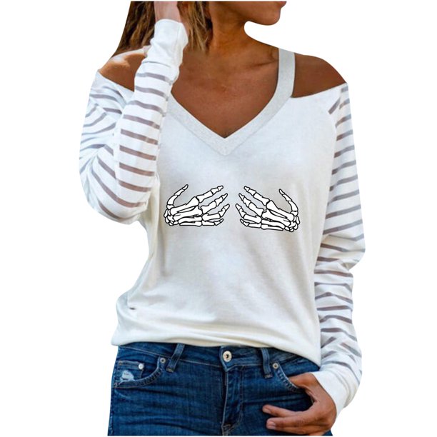 Camiseta de manga larga con cuello en V para mujer a la moda, blusa holgada con hombros descubiertos y estampado de otoño Fridja fksj2984