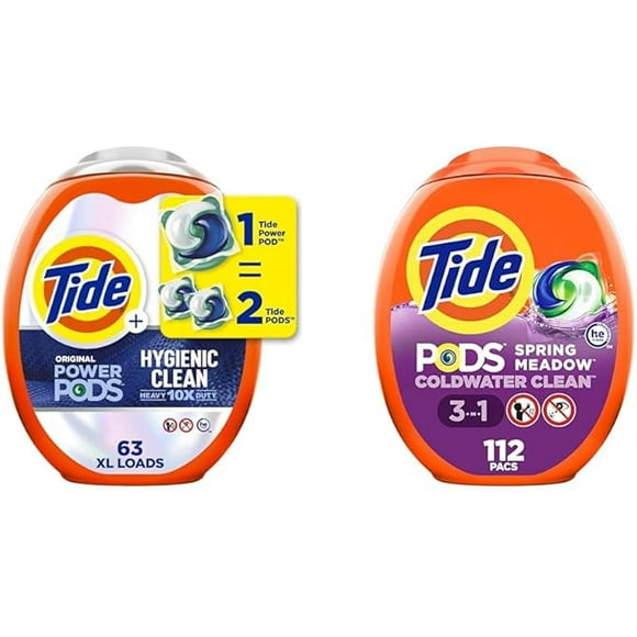Tide Heavy Duty 10x Power PODS Laundry Detergent Liquid Soap Pods, Original, 63 Count, For Visible & Invisible Dirt, Spring Meadow Scent, 112 Count