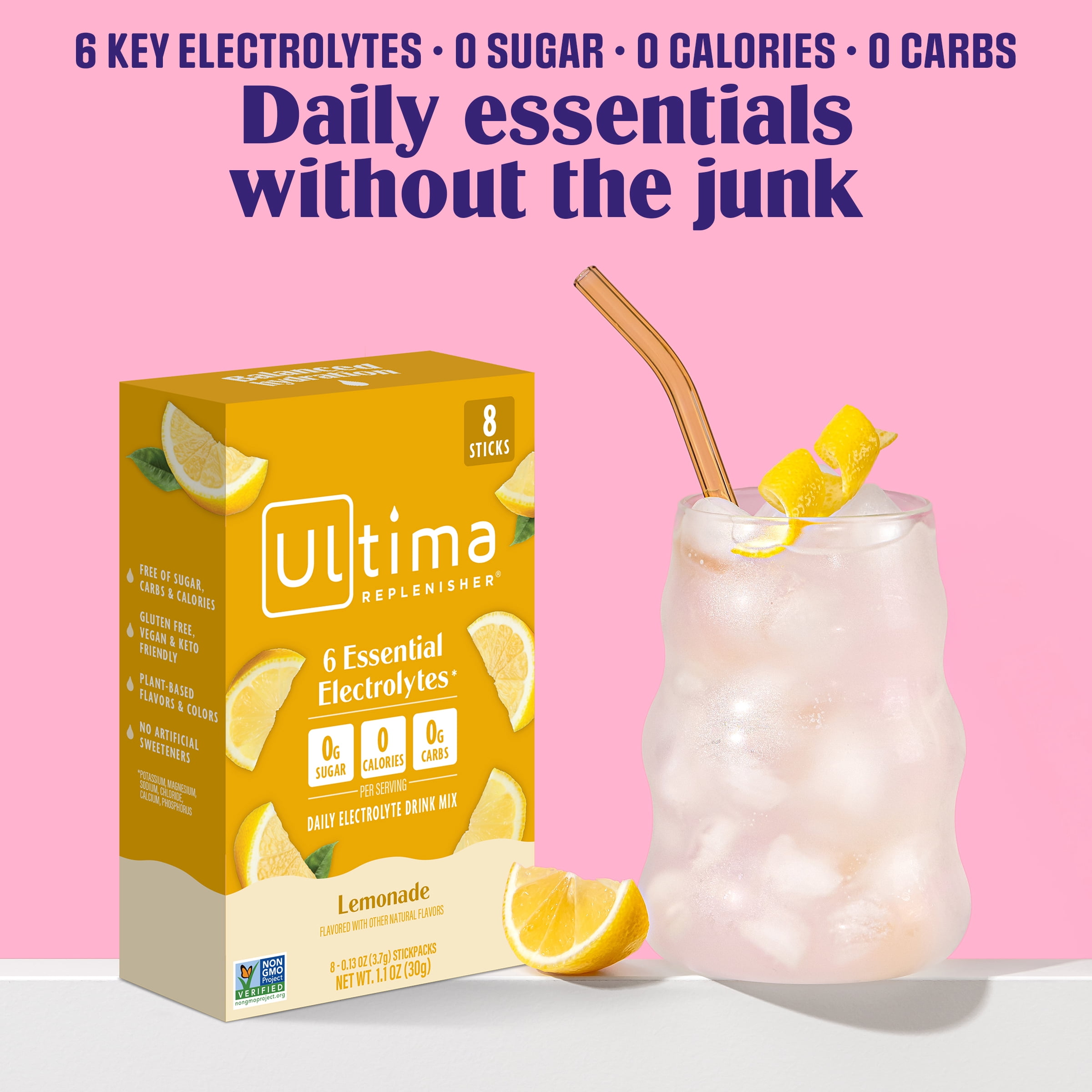 Ultima Replenisher, Electrolyte Drink Mix Packets, Sugar Free Daily Hydration Powder, Lemonade, 8 Count Stickpacks