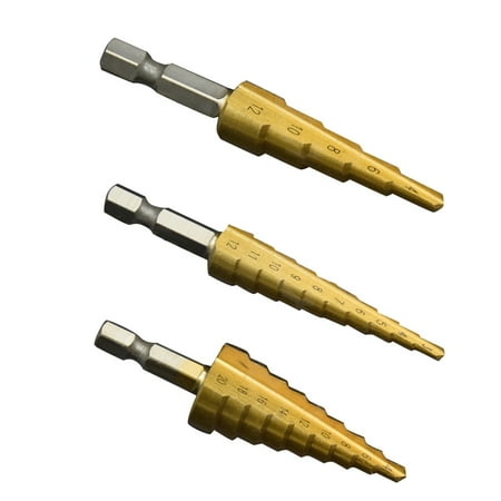 

3pc Hss step drill bit set cone hole metric 3/4 \- 12 / 20 mm 1 / 4 titanium coated core drill bits