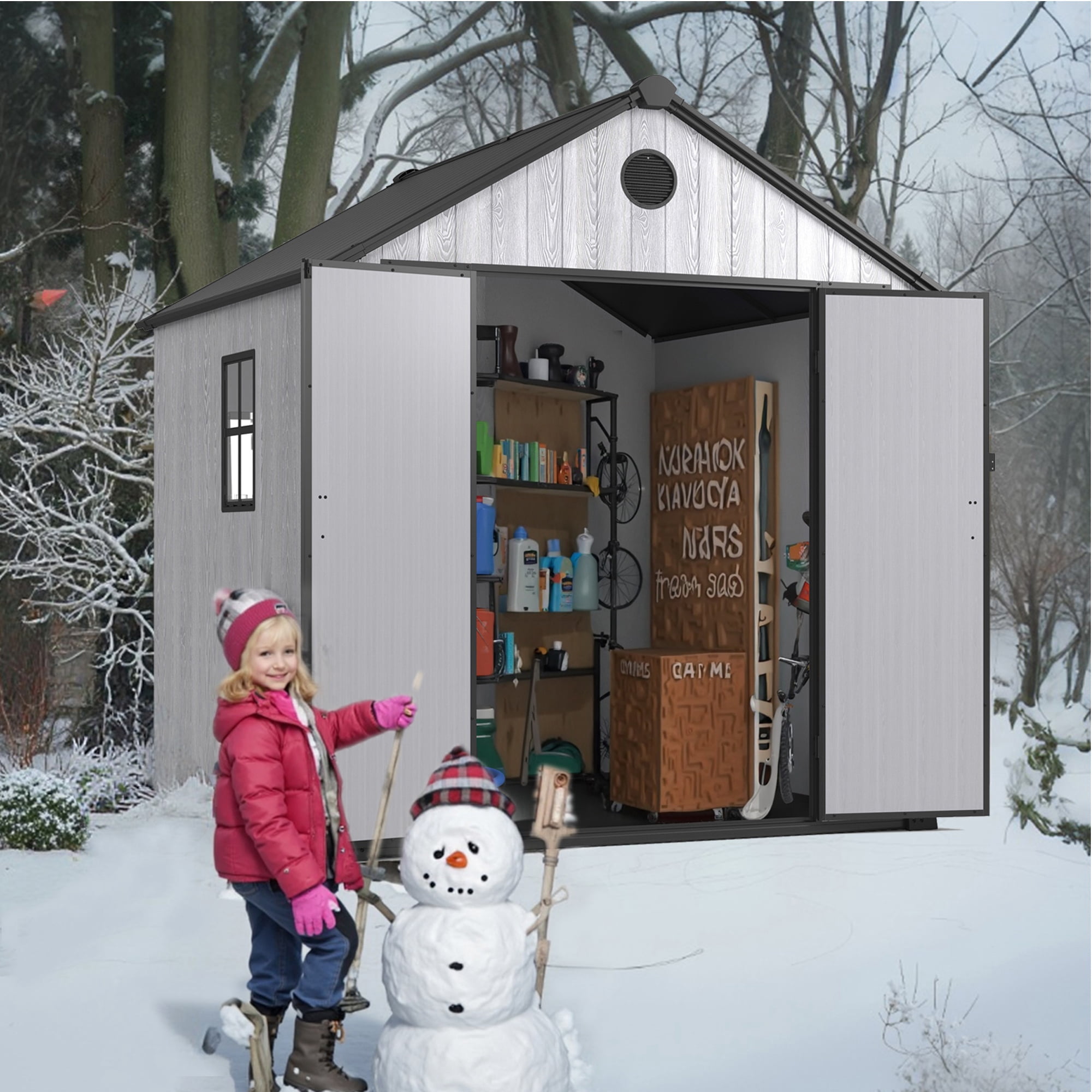 Syngar Plastic Resin Garden Storage Shed, Large Tools Shed, 8' x 8' Outdoor Storage Shed with Lockable Doors for Patio
