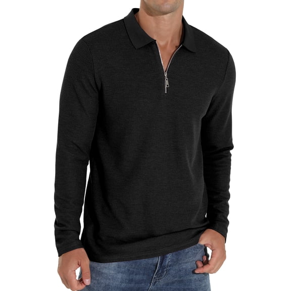 GIRUNS Men's Polo Shirts Long Sleeve Knit Polo Quarter Zipper Casual Waffle Goft Shirt Black L