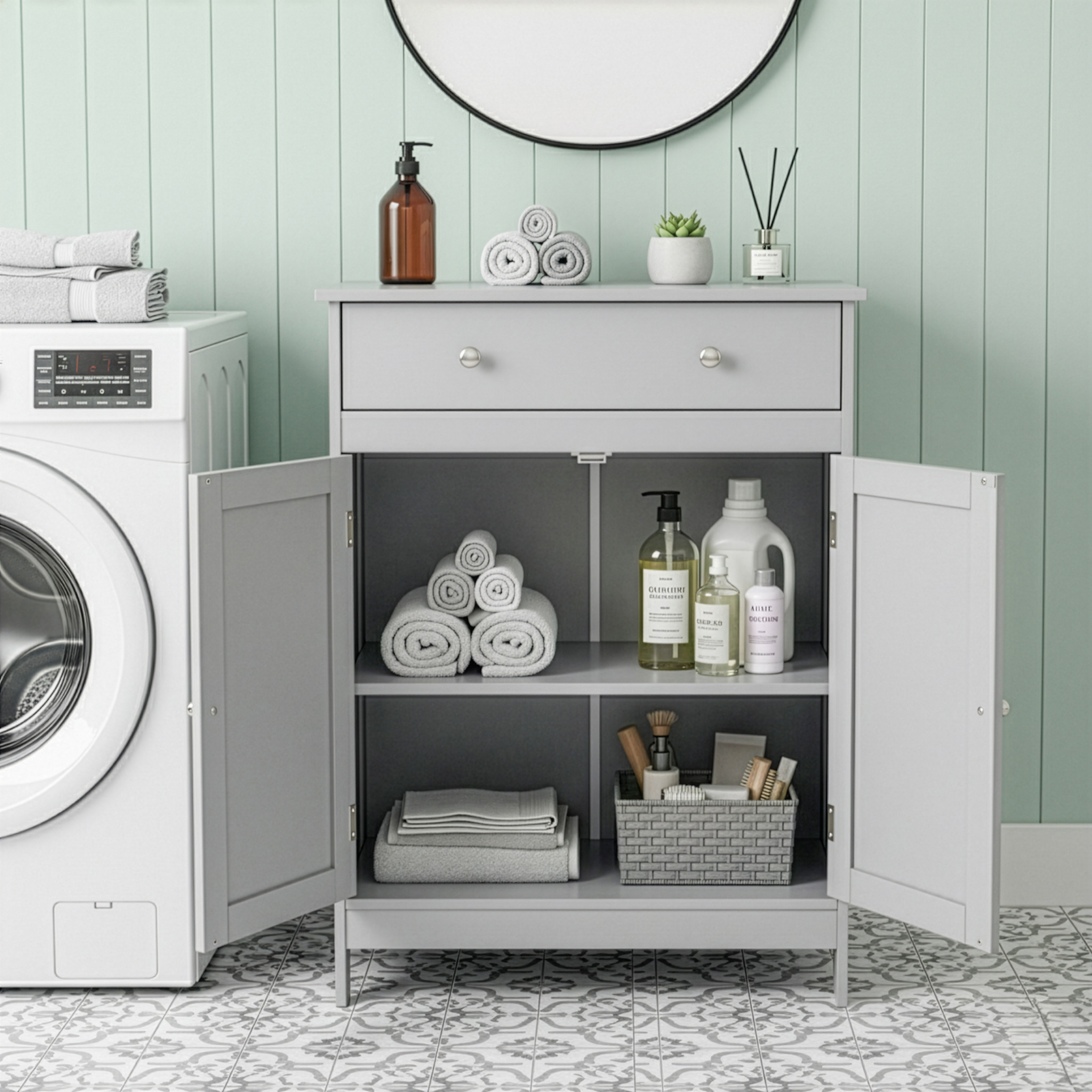 Ktaxon Bathroom Floor Cabinet, Freestanding Storage Cupboard w/ Drawer and 2 Doors, MDF Gray