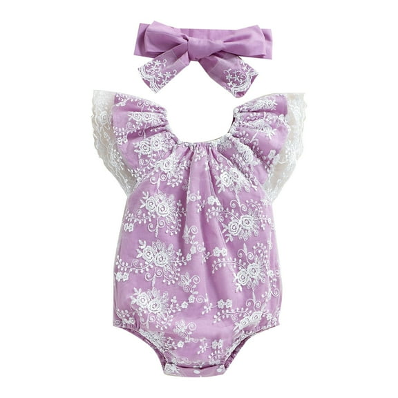 Angala Girls Romper Two Piece Lace Fly Sleeve Mesh Romper And Lace Head Scarf Cotton Suit Cozy Cute Boys And Girls Bodysuits 12-18 Months