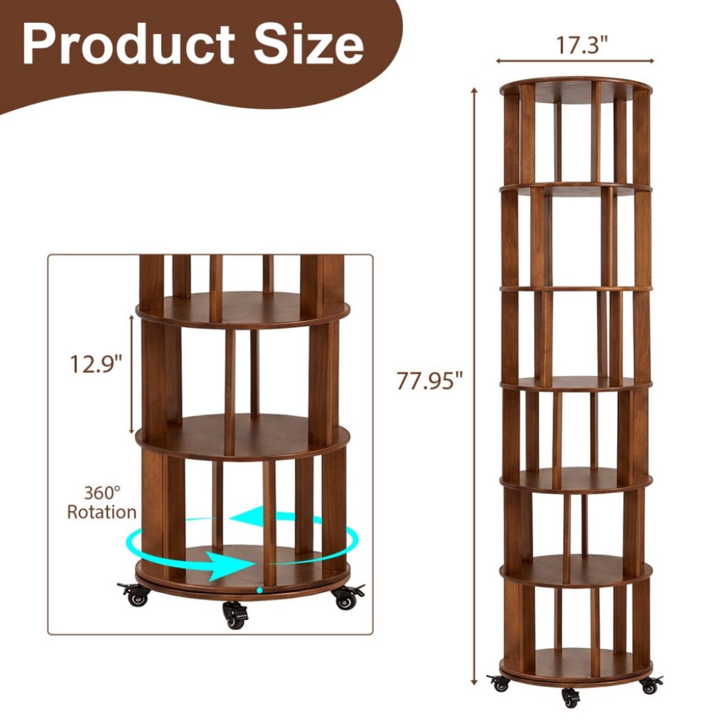 6-Tier Rotating Bookshelf, Solid Wood Spinning Bookcase Tower with Locking Wheels, 360° Display Round Bookshelf for Small Spaces, Walnut