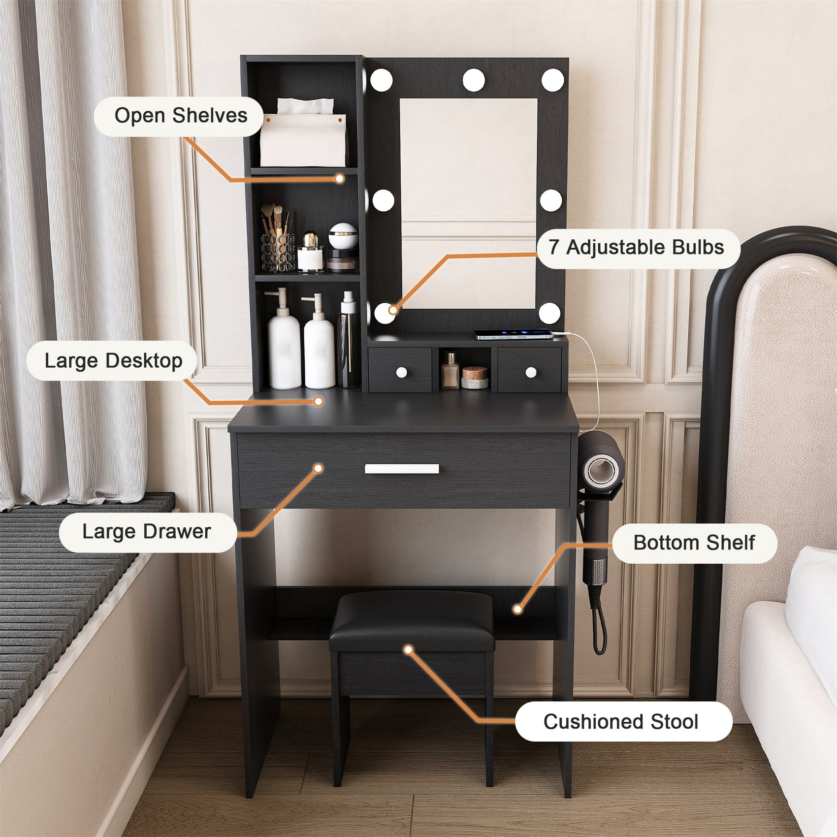 Alvantor Makeup Vanity Table and Chair Set with Mirror & Lights, Built-in Power Outlet & Hairdryer Holder, Black Finish