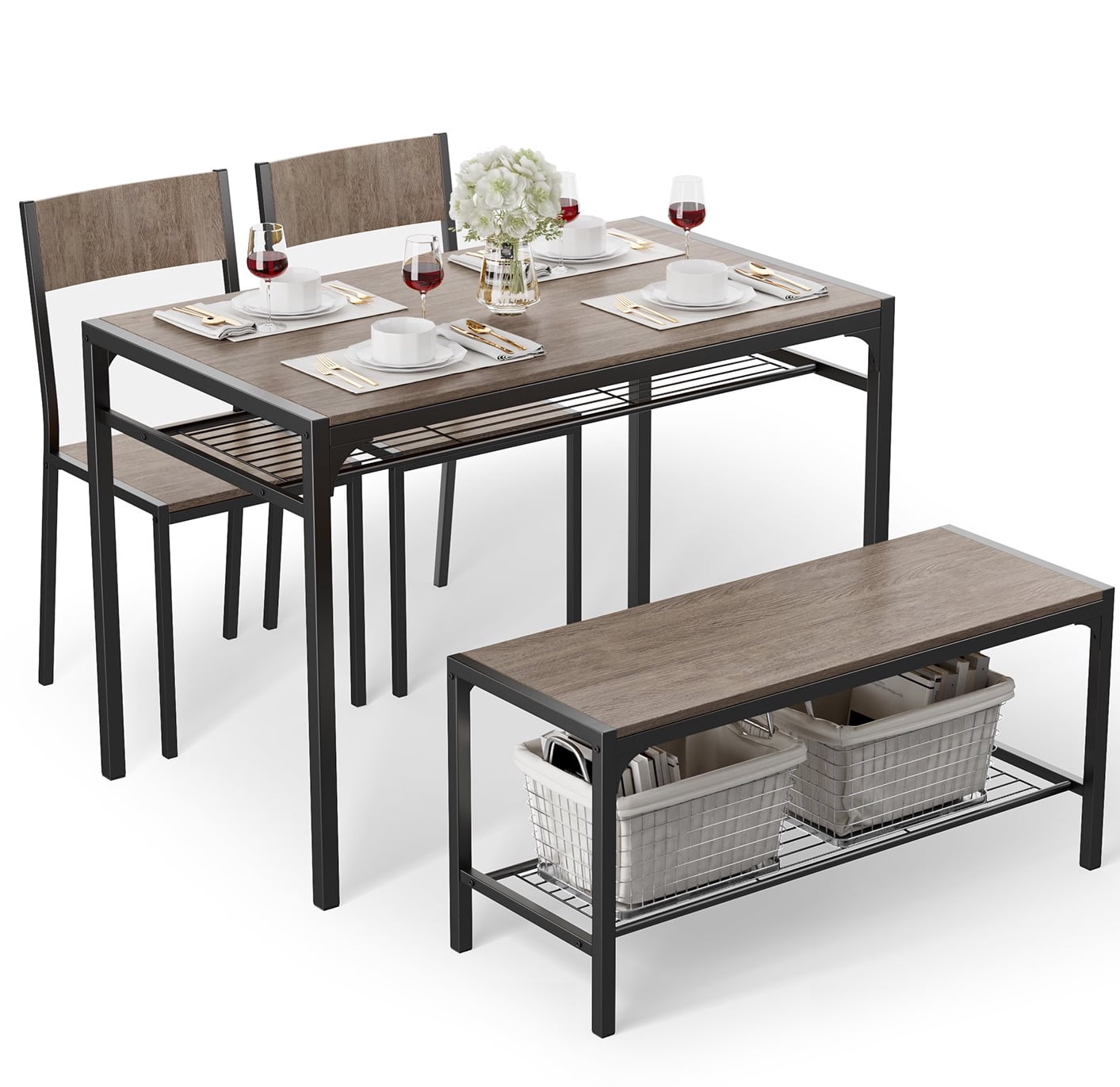 Aiho 4 Piece Dining Table with 2 Chairs and Bench for Kitchen, Small