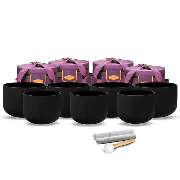 TOPFUND Chakra Set of 7 Black Crystal Singing Bowls 8-10 inch with Heavy duty carrying cases and Suede Stick