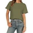 thumbnail image 5 of Liher Summer Tshirts for Women Crew Neck Ruffle Short Sleeve Basic Tops Casual Loose T-shirts Cute Plain Solid Color Tee Shirts Army Green 2XL, 5 of 8