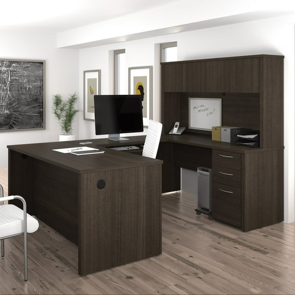 Bestar Embassy 66" U-Desk with Hutch in Dark Chocolate