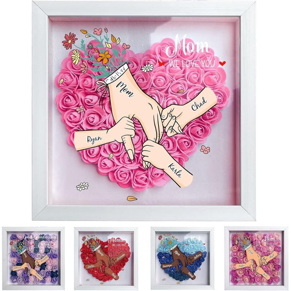 Custom Mom Flower Shadow Box with Kids Name for Mother's Day Personalized Eternal Flower Shadow Box with Text Mothers Day Anniversary Birthday Flower Gift for Mom Grandma(Q)