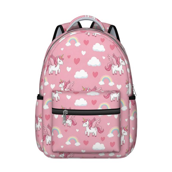 Unicorn and Wing Pink Pattern Backpack for School, Cute School Bag with Adjustable Shoulder Straps and Padded Back, 15.3"x11"x7.1"