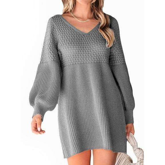 Autumn Women'S Dress Long Sleeve V-Neck Ribbed Knit High Waist Casual A-Line Mini Dress Grey S