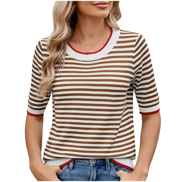 Pisexur Hauts de Printemps pour Femmes 2025, Hauts d'Entraînement pour Femmes, Hauts pour Dames Blouses à Manches Courtes Rayées Col Rond Mode Décontractée Café, TG