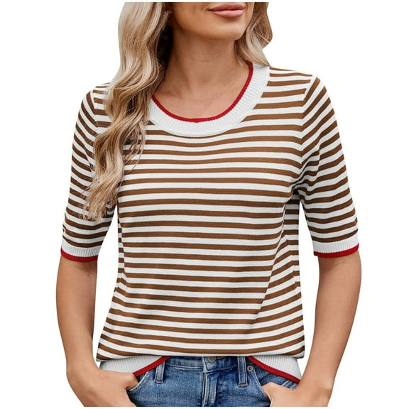 Women's Summer Tops Casual Striped Crew Neck Short Sleeve T Shirts Trendy 2025 Lightweight Blouses