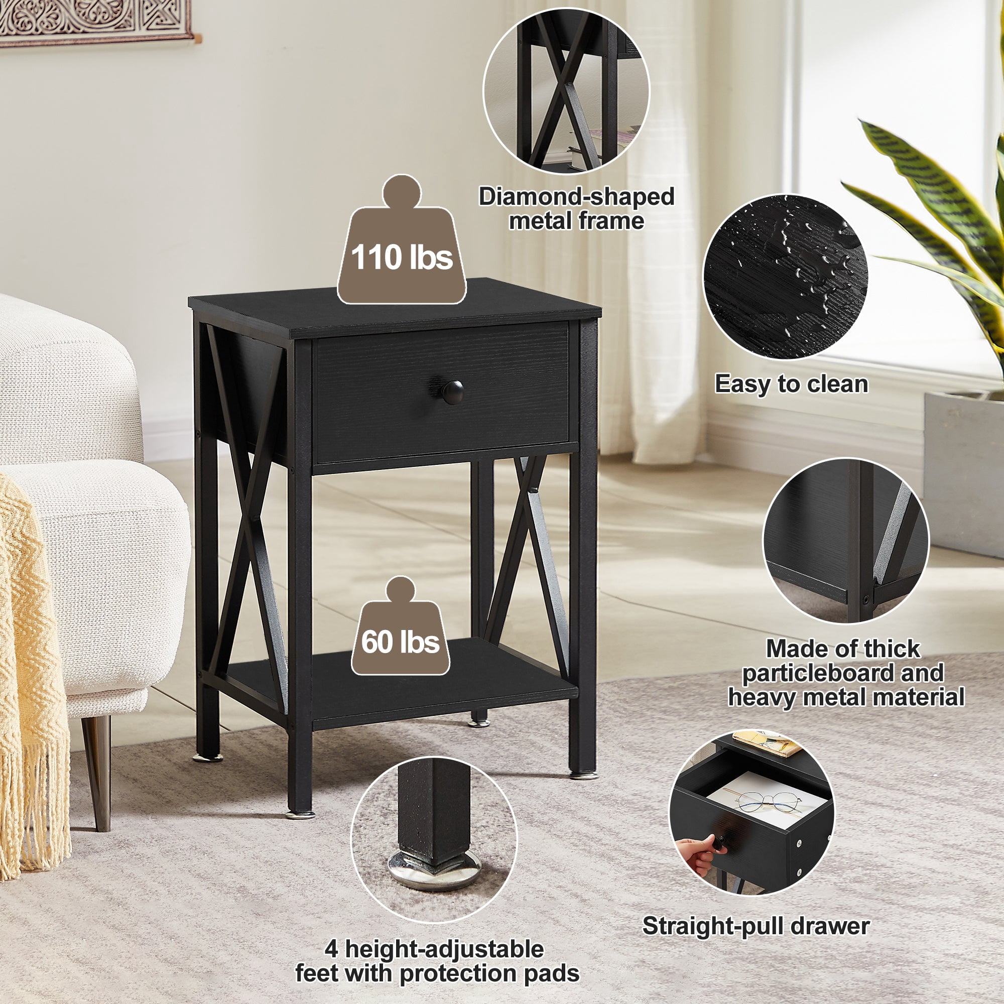 VECELO Nightstands Set of 2, Industrial End Table with 1-Drawer & Storage Shelf, Small Bedside Table Organizer for Small Space, Side Table for Bedroom Living Room, Black