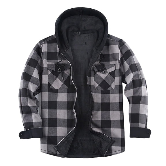 Mens Flannel Fleece Jacket Plaid Sherpa Lined Hooded Zip Up Thermal Shirt Jacket Winter Coat with Pocket