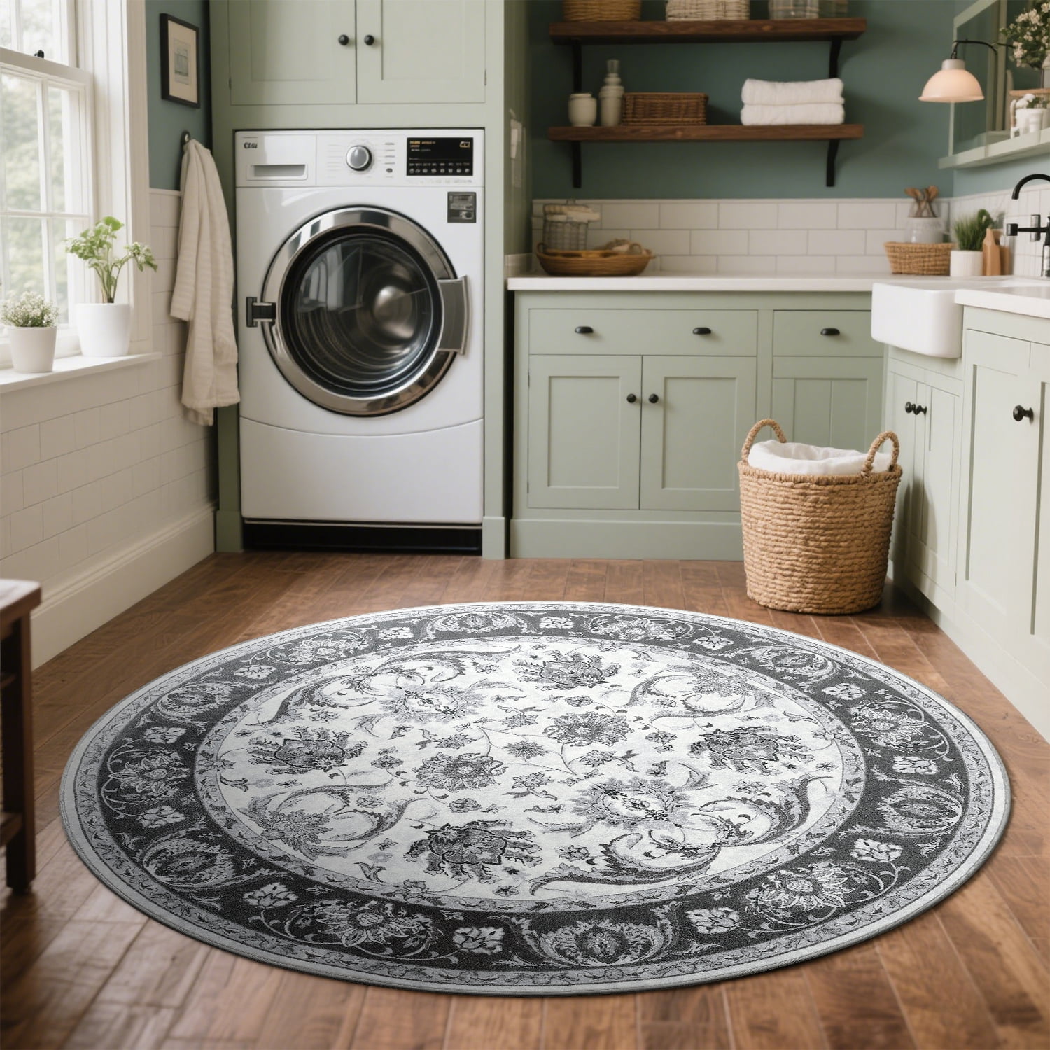 Cydiria Gray Round Persian Medallion Area Rug Floral Pattern Print Low-Pile Carpet for Living Room, 6' x 6'