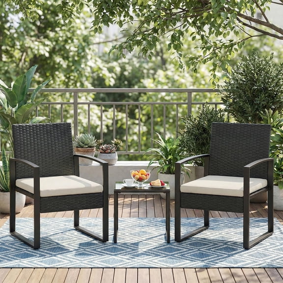 3 Piece Outside Patio Furniture Set, Outdoor Wicker Chair Conversation Set with Glass Coffee Table, PE Rattan Patio Furniture for Backyard, Porch, Patio, Poolside (No Rocking)