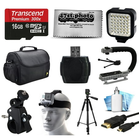 Essential Accessories Package for GoPro Hero4 Hero3+ Hero3 Hero2 Camera with 16GB Card, Case, Handlebar Clamp, Head Helmet Strap, Full Size Tripod, HDMI Cable, MoonGrip, LED Light, Cleaning Kit