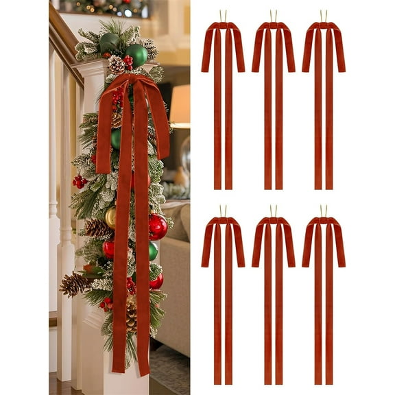 NOGIS Velvet Christmas Swag Bow 23.6x15.7 Inch Rustic Large Velvet Christmas Staircase Wreath Bows Vintage Christmas Tree Topper Bows Large Bow for Christmas Outdoor(Red,6 Pcs)