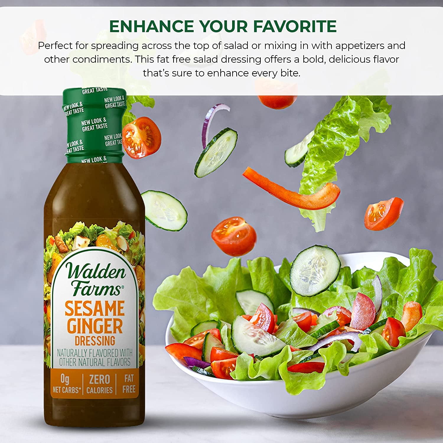 (6 pack) Walden Farms Sesame Ginger Dressing, 12 oz. Bottle, Fresh and Delicious Salad Topping, Sugar Free 0g Net Carbs Condiment, Sweet and Tangy