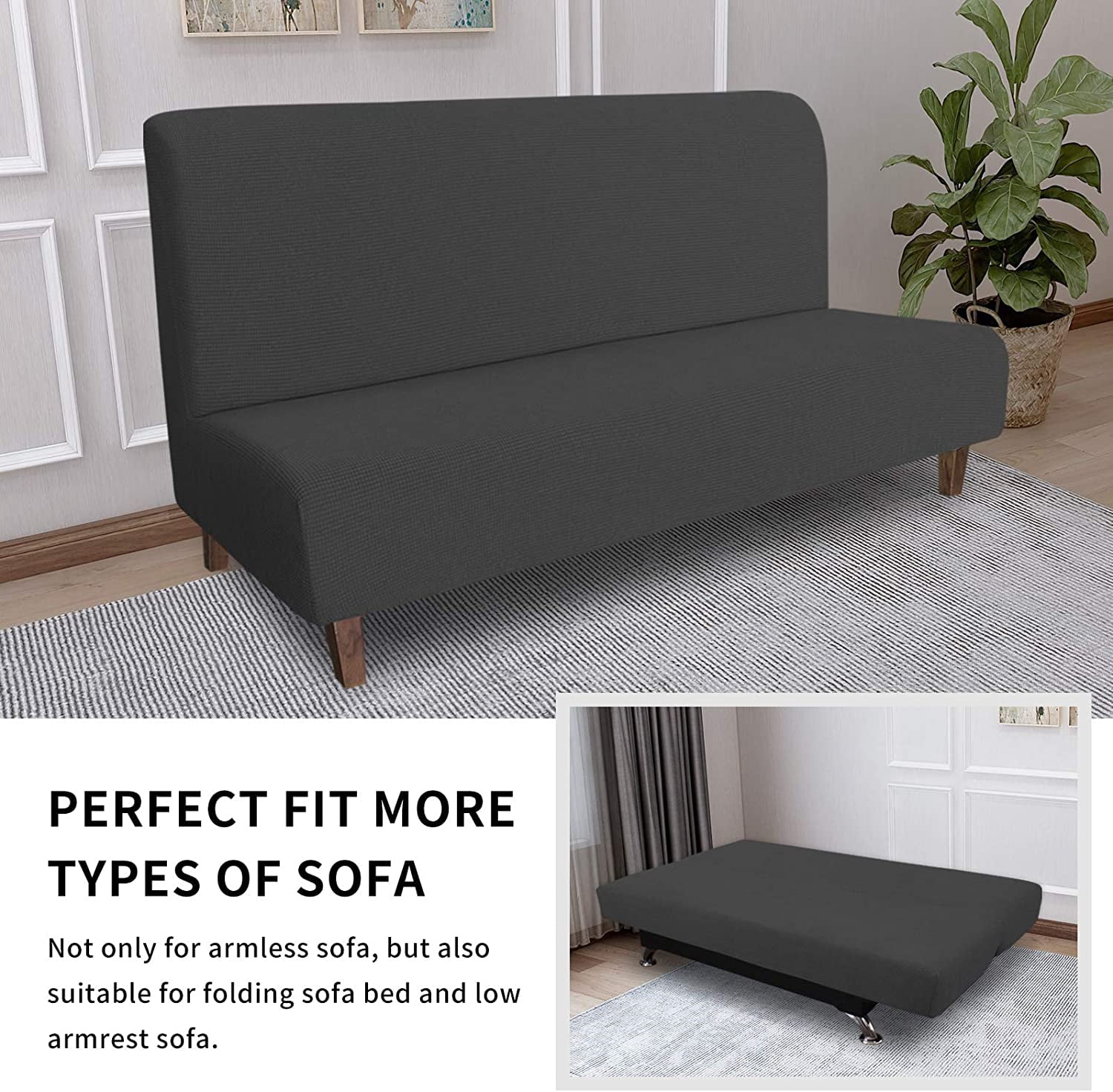 Waterproof Futon Cover Stretch Jacquard Sofa Protector, Leakproof Furniture Cover for Kids and Pets, Non-Slip Futon Slipcover Dark Gray