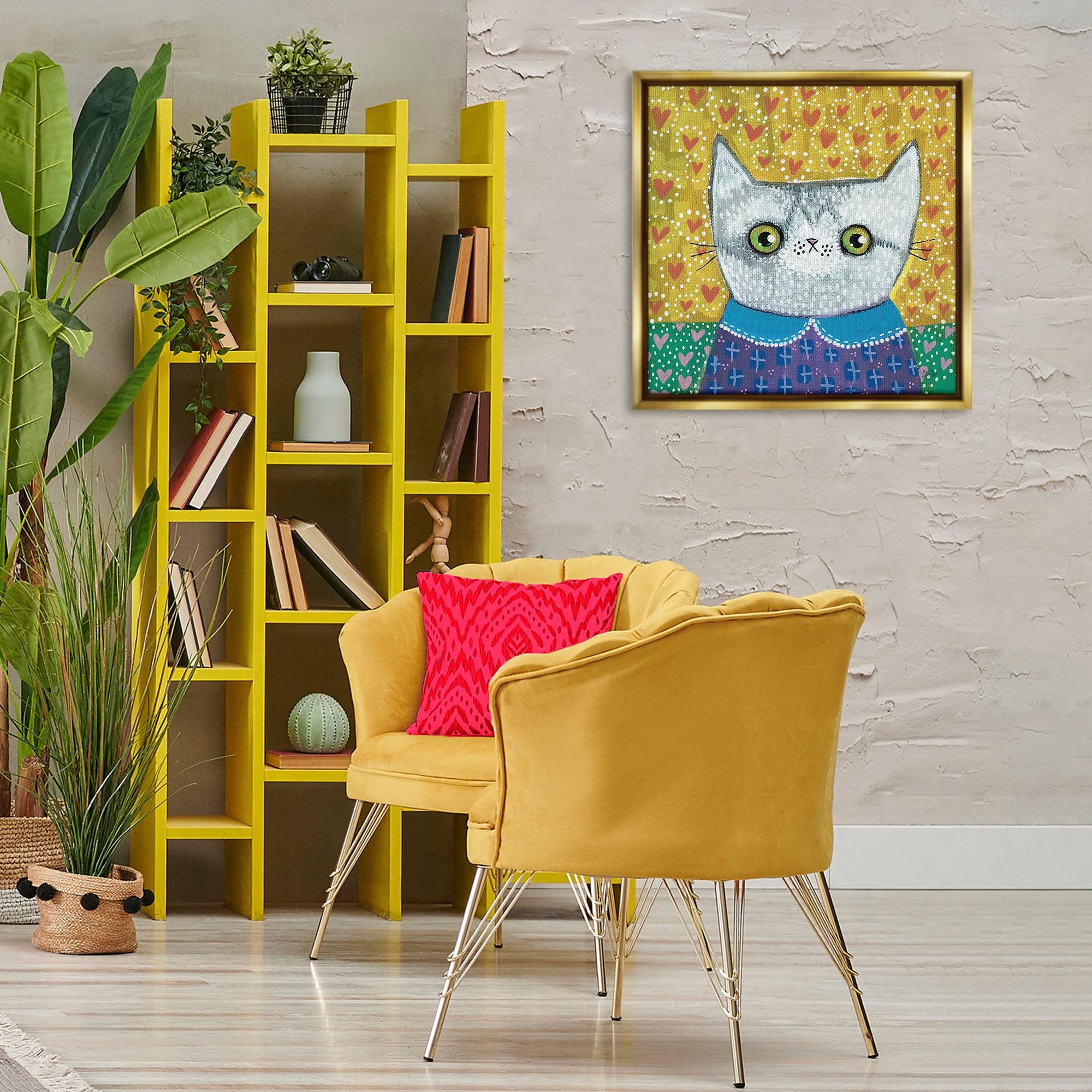 Stupell Industries Kitten with Fun Patterns Animals & Insects Painting Gold Floater Framed Canvas Art Print Wall Art, 25 x 25