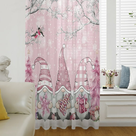 Pink Gnomes Christmas Semi Sheer Curtains Drapes for Living Room, Bedroom, French Doors Window 45 Inches Long, Xmas Tree Snowflake Winter Rod Pocket Chiffon Curtain Drapery Voile Draperies Panel
