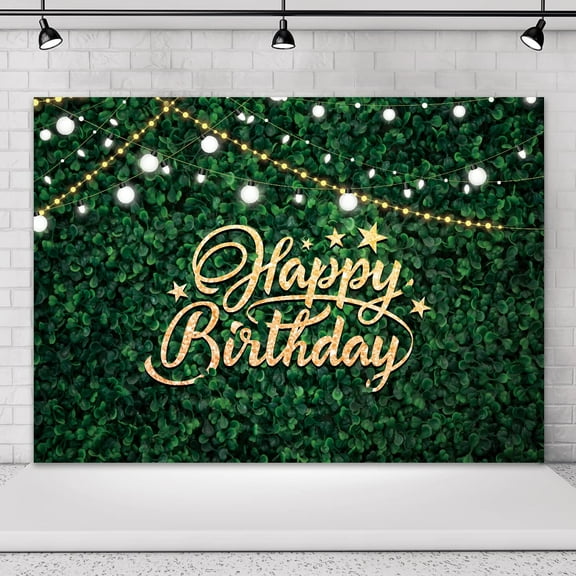 7x5 FT Happy Birthday Backdrop with Green Leaves Theme, Rustic Photography Wall for Women, Spring Newborn Photos, Olive Green Background Decor