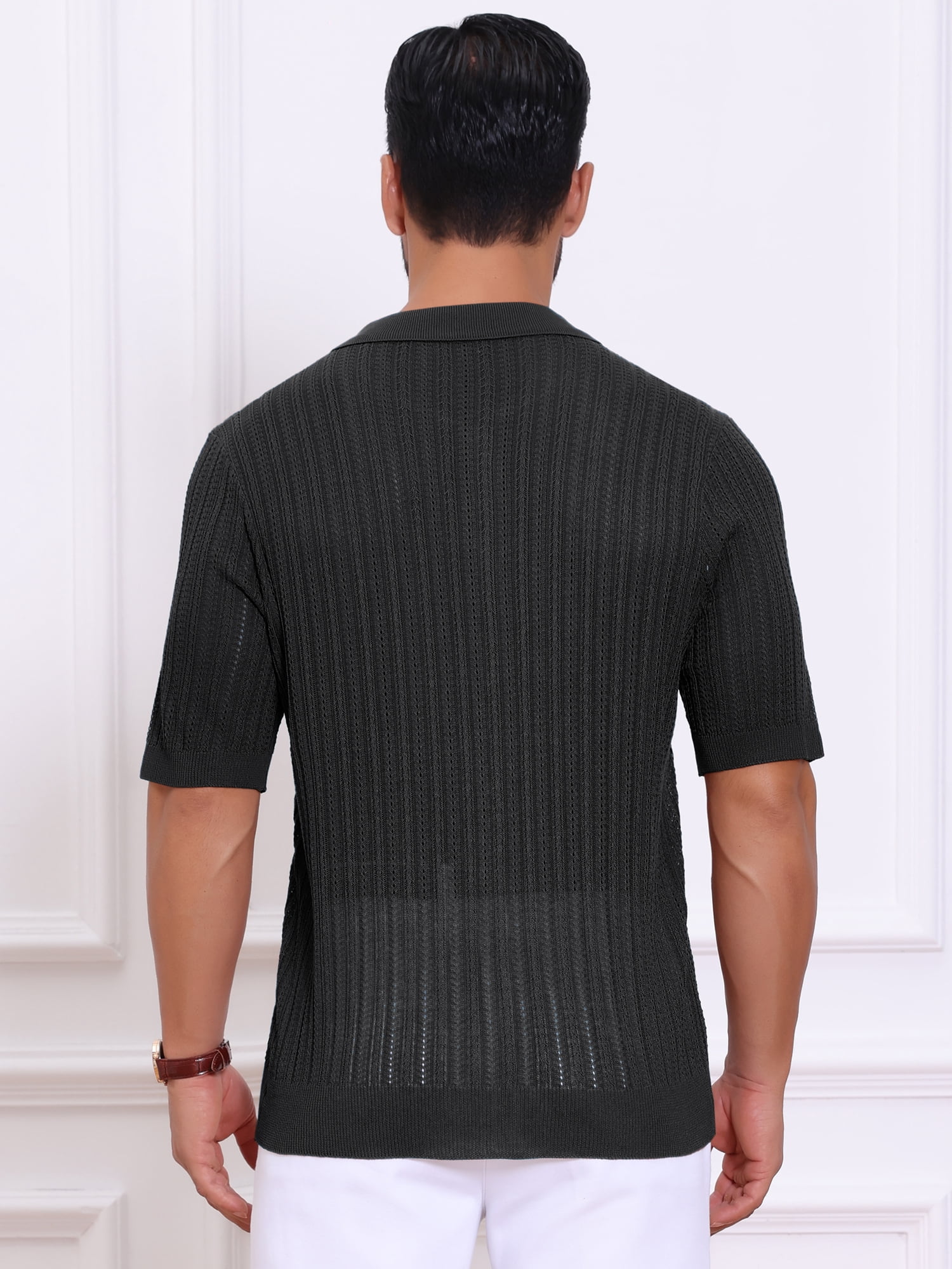 DARING DIVA Men's Striped Summer Short Sleeve Knitted See Through Shirts S Black