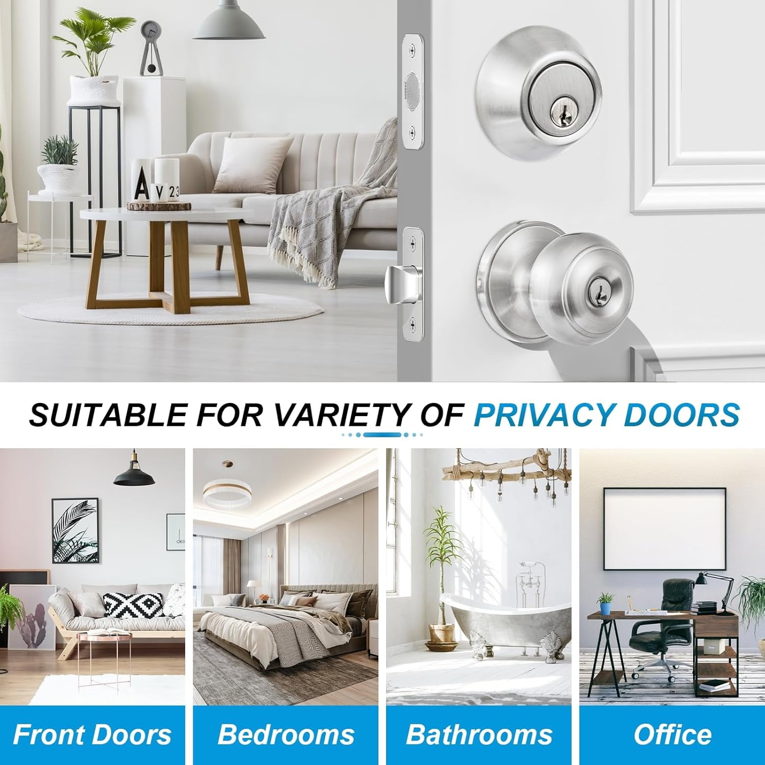 3 Pack Entry Door Lock and Single Cylinder Deadbolt Combo Set, Keyed Alike Satin Nickel Exterior Door Knobs with Lock&Keys, Round Ball Door Locksets with Deadbolt for Entrance and Front Door