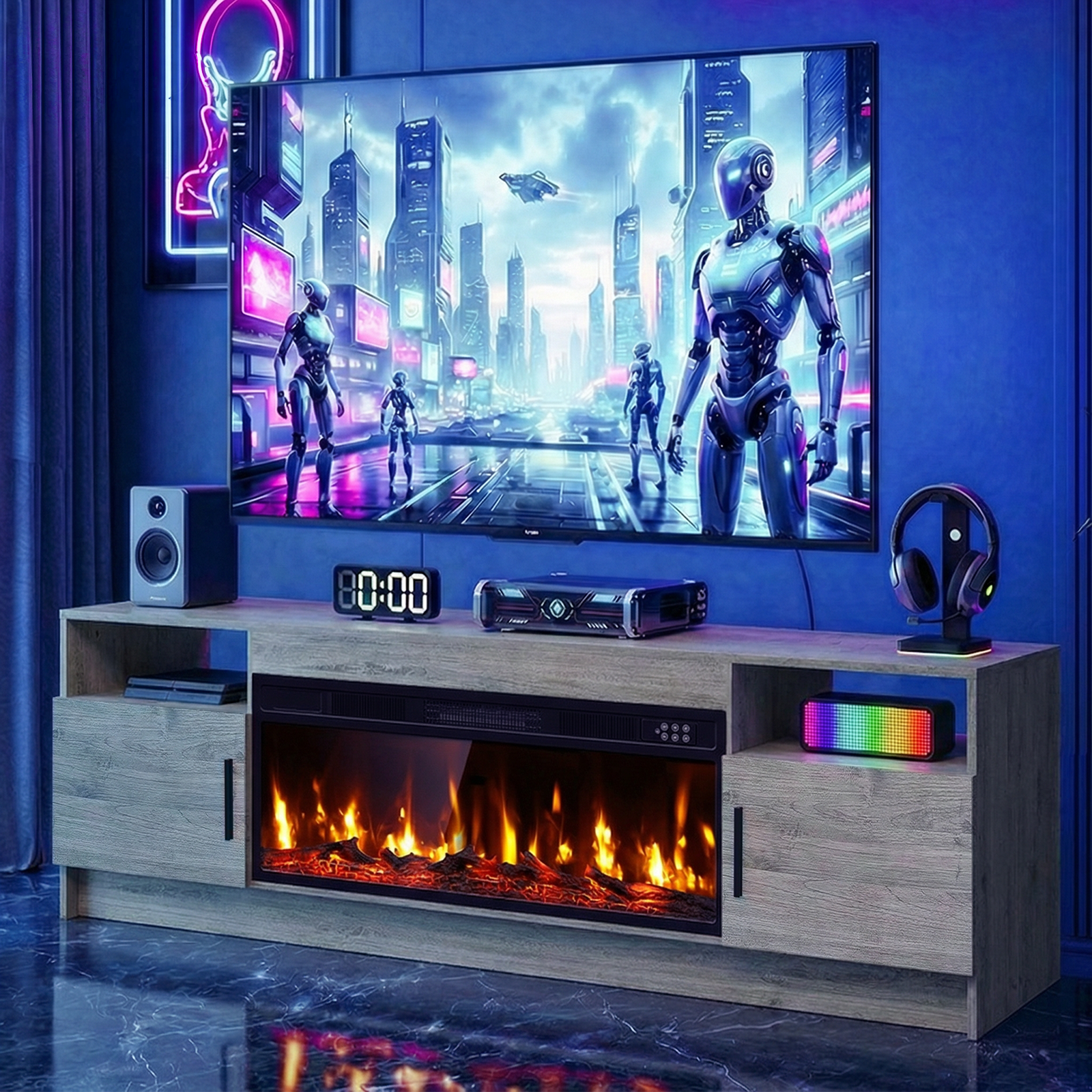 Flictozena 70" TV Stand with 36-Inch Electric Fireplace, Adjustable LED Lights & Storage | Fits TVs Up to 80 Inches | Modern Entertainment Center with Gray Doors