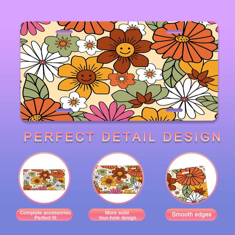 Vintage Groovy Flowers License Plate - 6x12 Inch Metal Aluminum Novelty Tag, 4 Hole Mounting, For Car, Truck, RV, Trailer Front Or Wall Decor