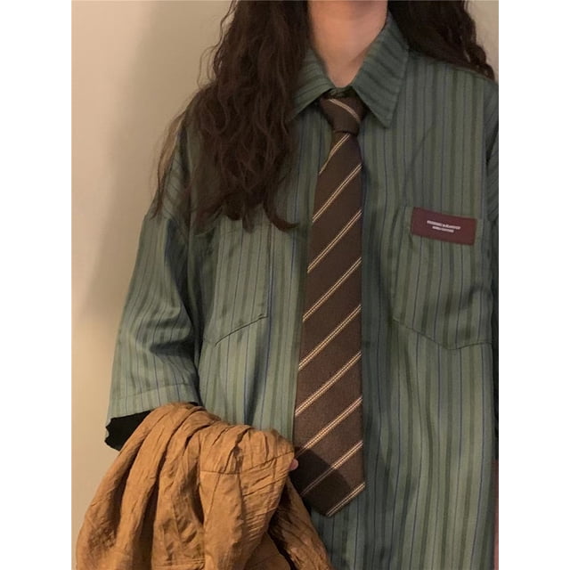 Blusas holgadas con estampado de rayas y cuello vuelto estilo retro americano para mujer, ropa de calle informal de manga larga, tops holgados de otoño 2023