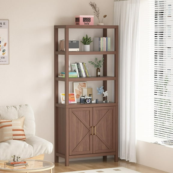 TROPOW Farmhouse Bookshelf - 5 Tier Wooden Bookcases with Open Shelf & Doors Cabinet, 71 in Tall Bookcase with Adjustable Shelves for Living Room Home Office