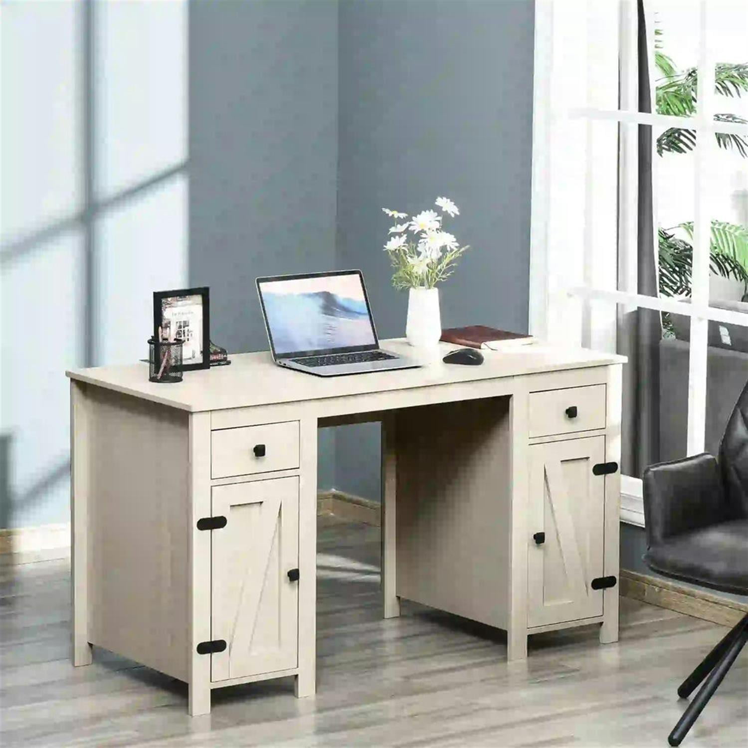 Demi Bonn 52" Modern Office Desk with 2 Drawers and 2 Cabinets, Home Computer Desk for Living Room, Office, Study, Writing Table PC Desks, White