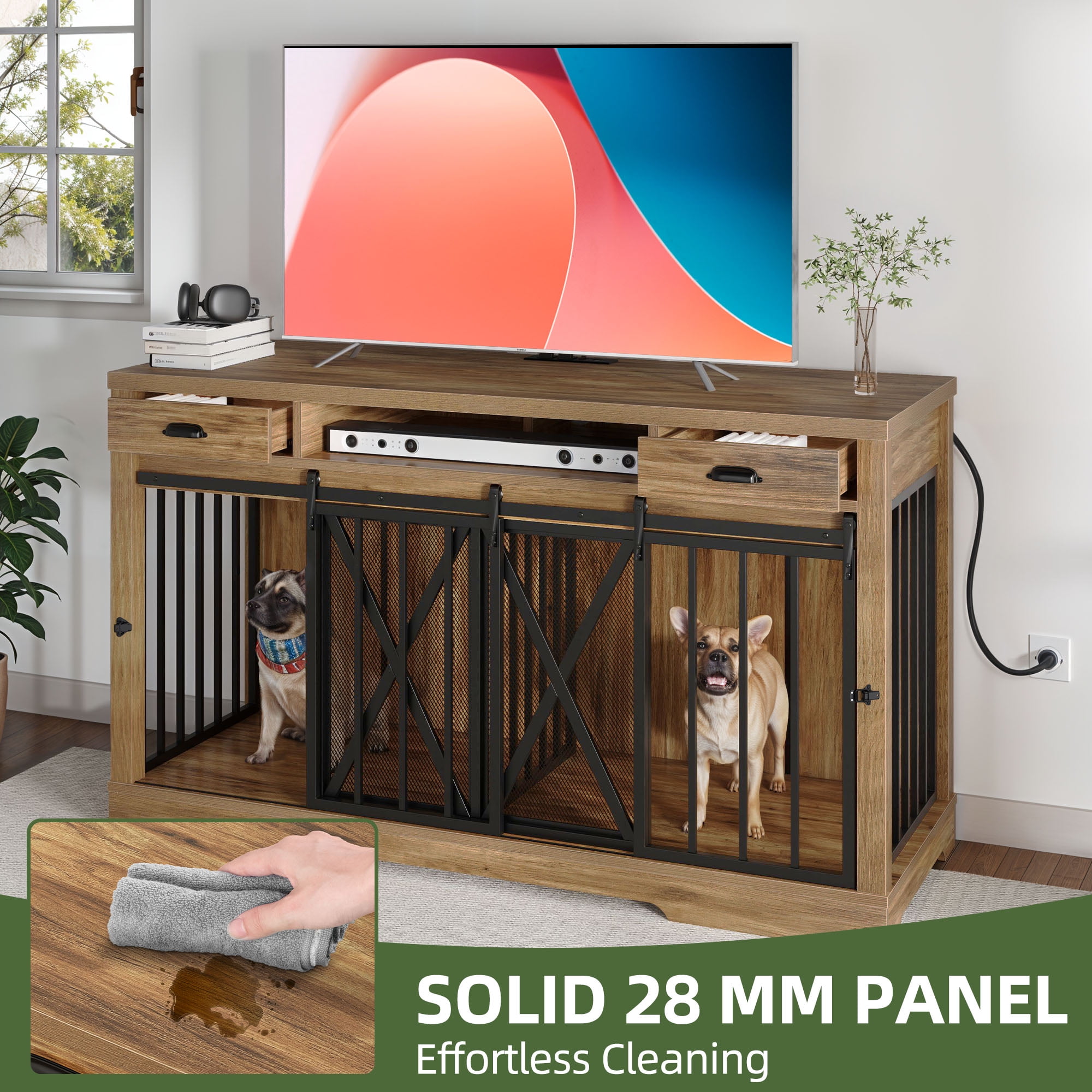 Uforic 63" Dog Crate Furniture with 2 Drawers,TV Stand with Charging Station 63" Large Wooden Indoor Dog Kennel - Brown