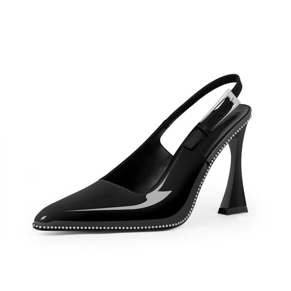 YOWMNS Women's Closed Toe High Heel Slingback Beaded Pumps Sexy Buckle Strap Square Toe Slip On Patent Leather Dress Shoes (Black,6)