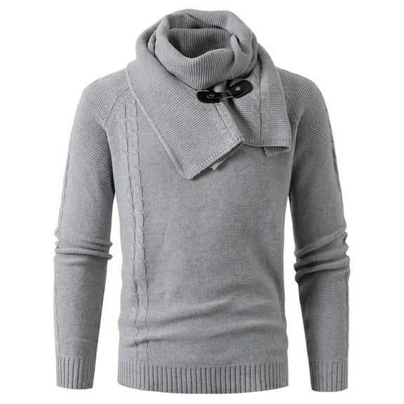 Bpmpbo Men's Knit Sweater with Detachable Scarf Solid Color Long Sleeve Crewneck Pullover