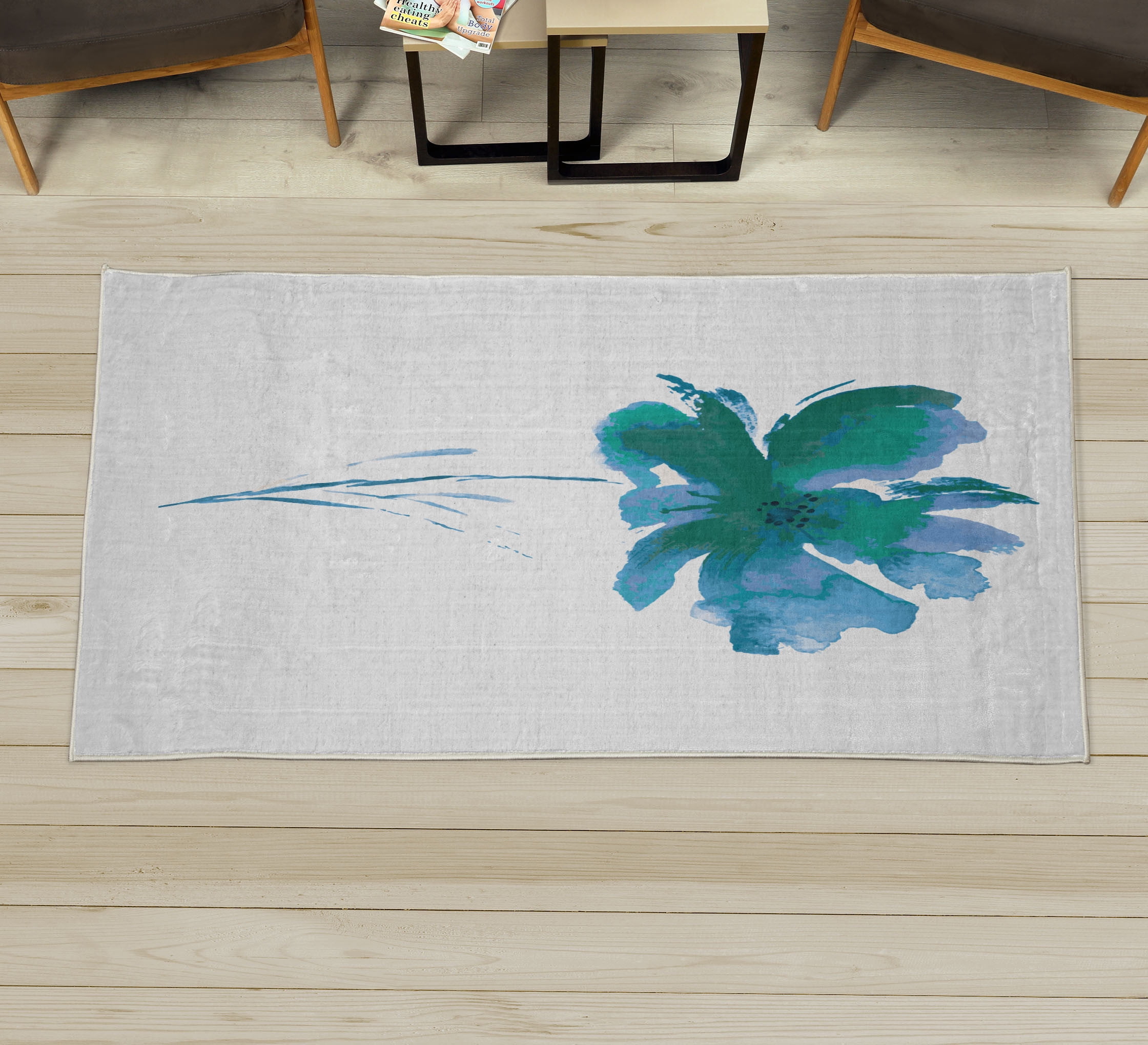 Blue Rug Empty Background Watercolor Flower Decorative Rug, Single Poppy Flower on Plain Clear ...
