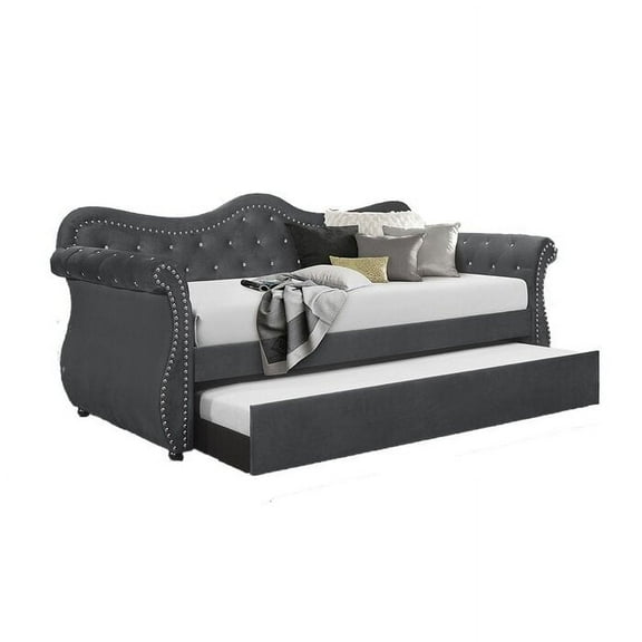 Abby Modern style Upholstered Tufted Velvet Daybed with Trundle in Gray